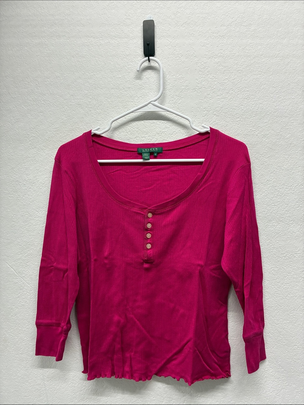 Lauren Ralph Lauren Hot Pink Ribbed Henley Top Lettuce Edge Button Scoop Neck